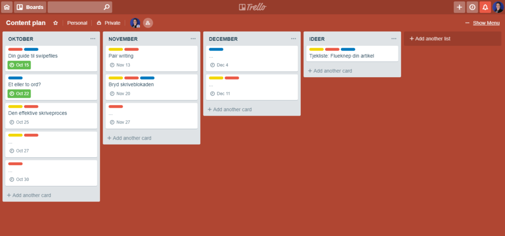 Eksempel på en content plan i Trello