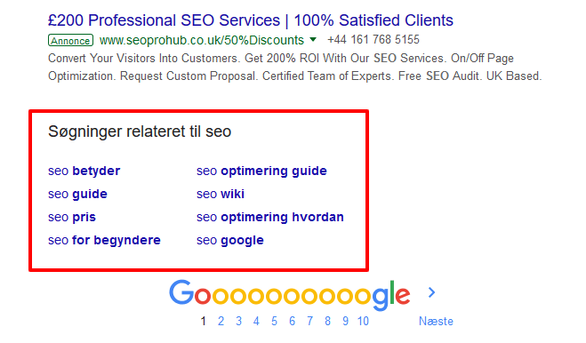 Relaterede resultater: I Google vises relaterede resultater i bunden af alle søgeresultatsider