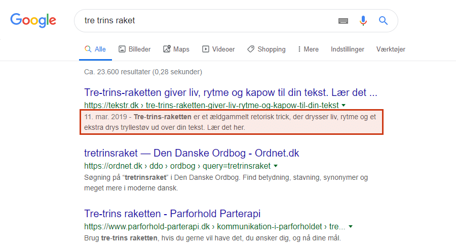 Meta description er den tekst, der bliver vist under titlen, når dit indhold bliver vist i søgemaskinerne