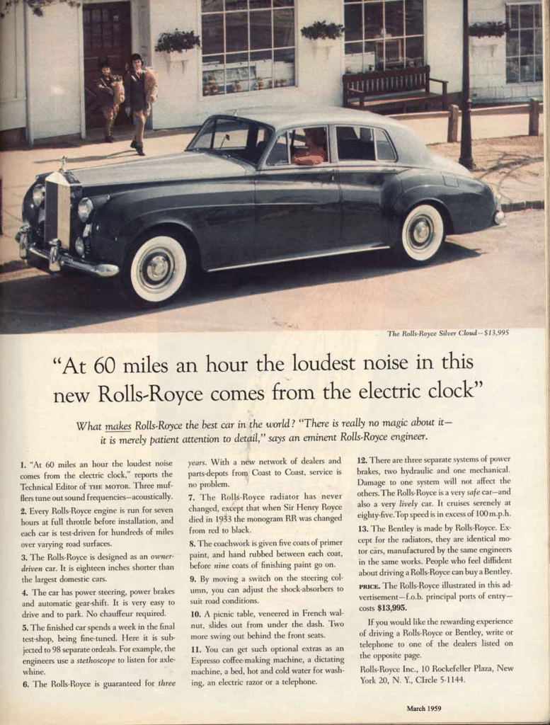 Reklame for Rolls-Royce med Ogilvys måske bedste overskrift.
