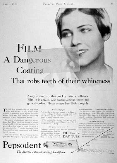 Reklame for Pepsodent - tandpastaen der fjerner den farlige film på dine tænder.