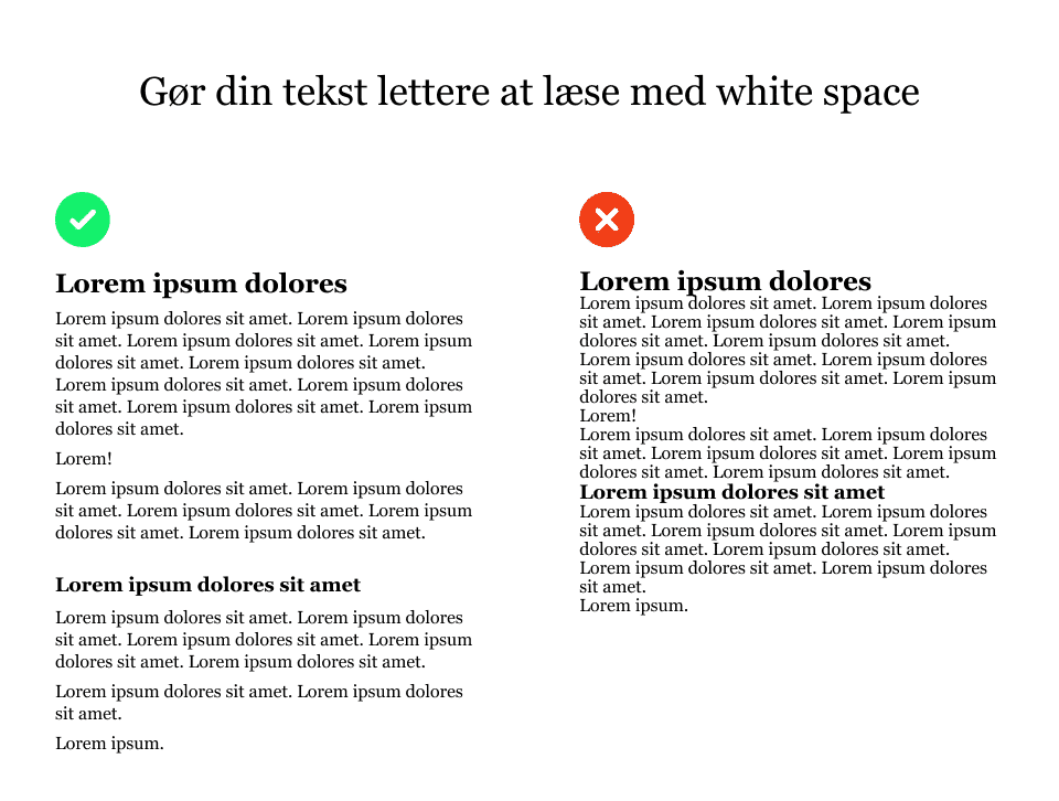 Viser hvordan ordentlig linjeafstand og luft til overskrifter skaber en scanbar tekst, der er let at læse og afkode.